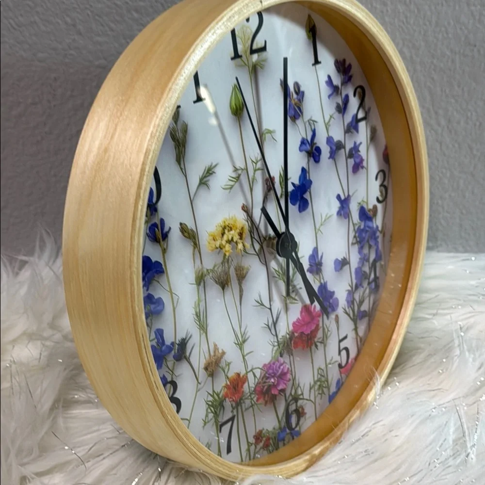 Floral Wall Clock with Natural Frame